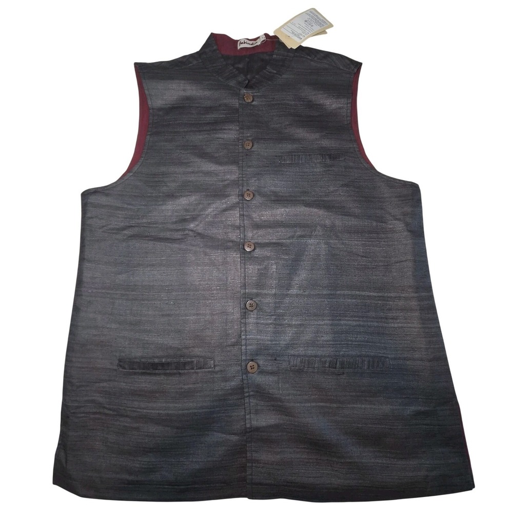 FABINDIA Nehru Vest Mens Medium Grey Silk Mandarin Collar Sleeveless Jacket NEW